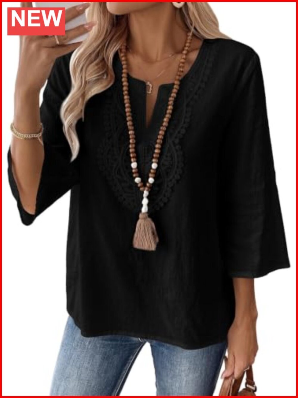 Womens Boho V Neck 3/4 Sleeve Embroidered Lace Blouse Tunic Top